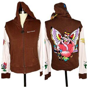 VTG Sour N Cream Jacket Womens Size L Brown Pink Embellished Butterfly Hooded